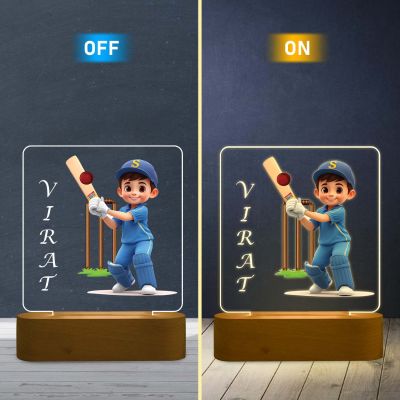 Personalized Cricket Theme LED Night Lamp with Warm White Light & Wooden Stand Gift for Cricket Lover, Boys & Girls Birthday Return Gift Lamp for Sports Fans